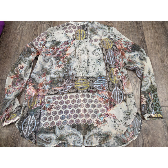 Bandolera NEW Sheer Blue Print Top Blouse Button Front Long Sleeve Medium - Picture 8 of 8